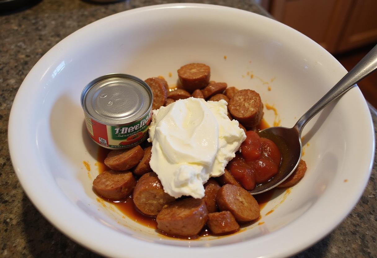 Sausage, cream cheese and Rotel tomatoes being mixed for sausage balls.