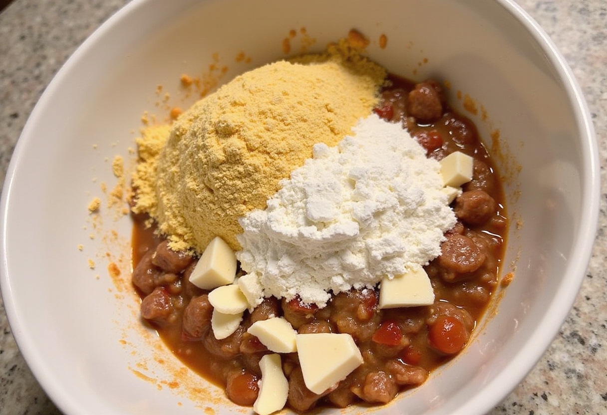 Adding cornmeal and flour to Rotel sausage ball mixture.