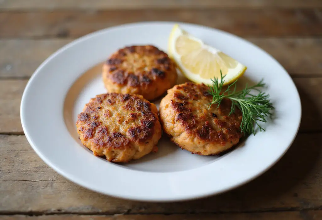 Finished salmon cakes garnished with lemon and dill.