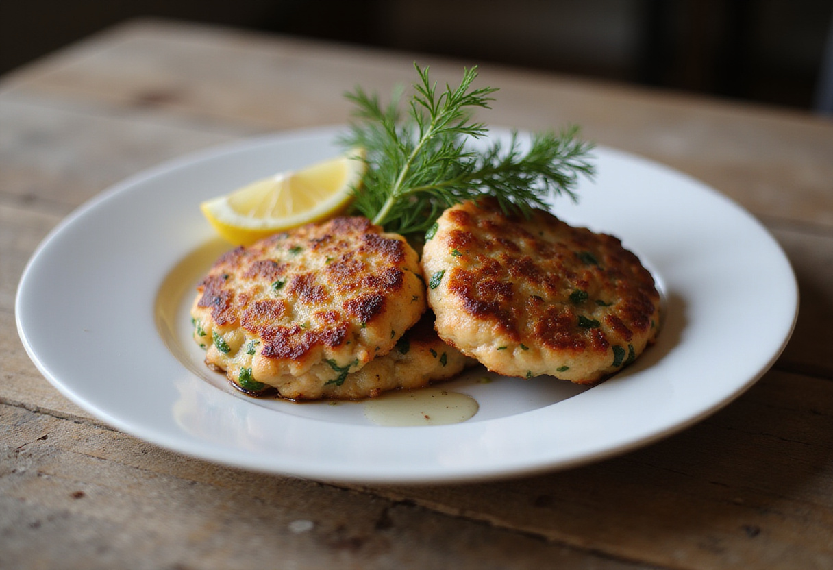 Finished salmon cakes garnished with lemon and dill.