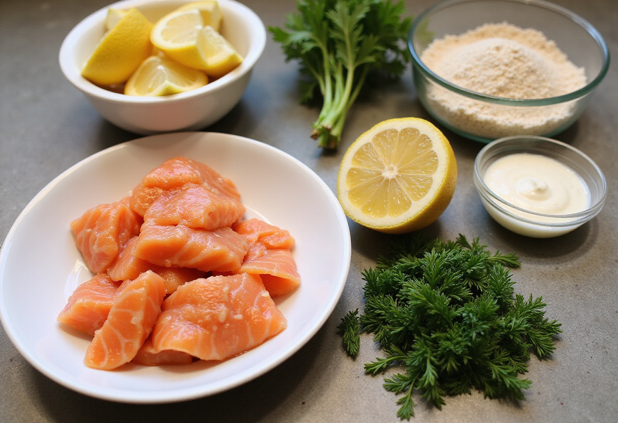 Ingredients prepared on a counter for making salmon cakes.