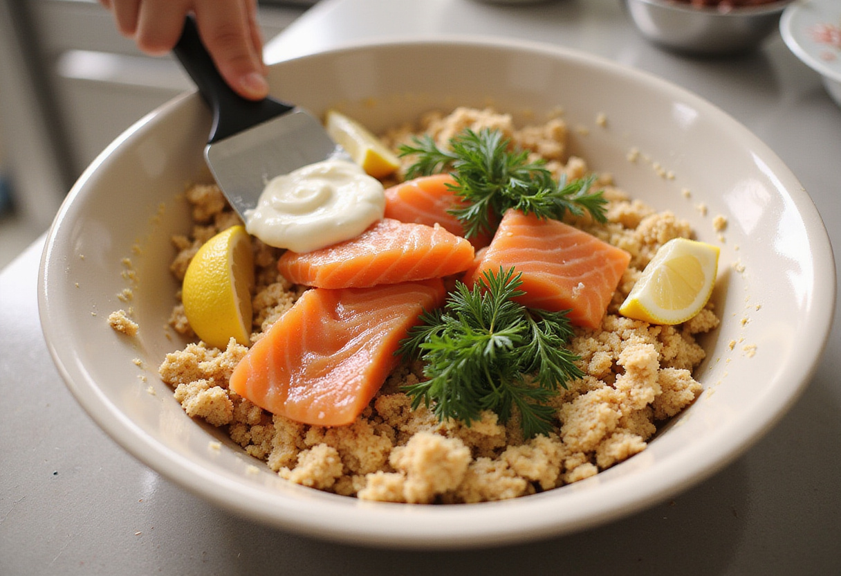 Salmon cake mixture being combined in a mixing bowl.
