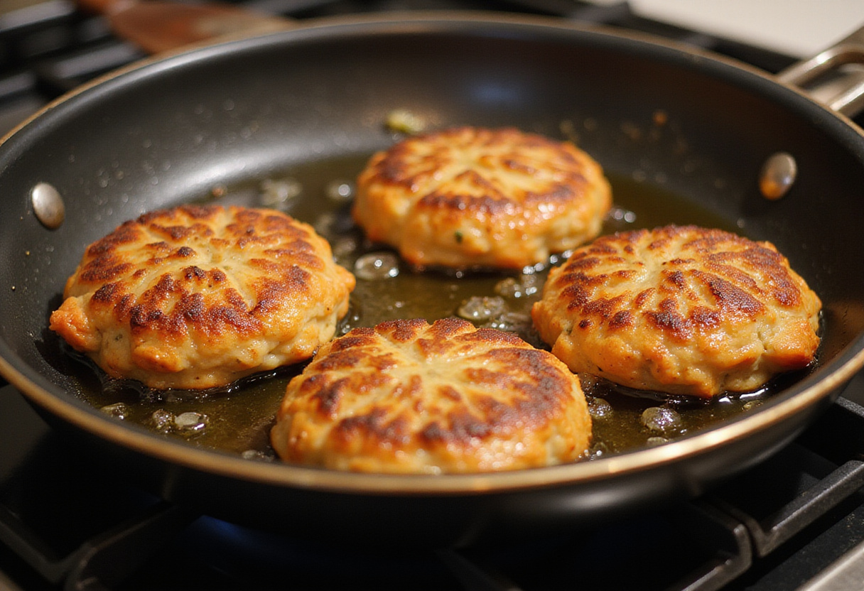 Salmon cakes cooking in a skillet on the stove.