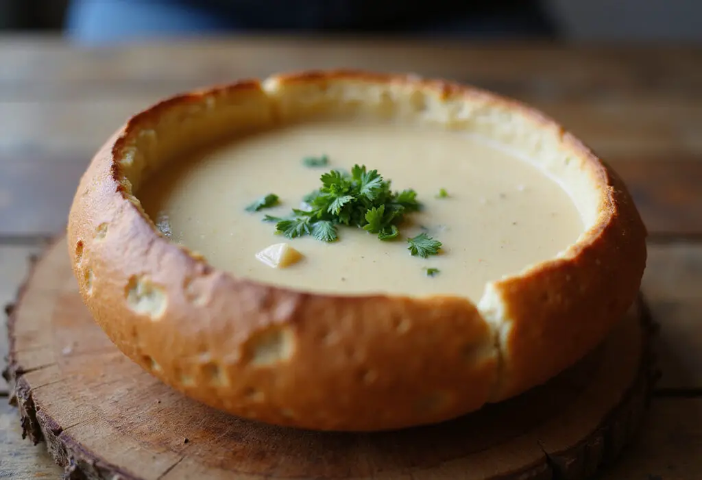 Finished sourdough bread bowl filled with soup and herbs, ready to serve.