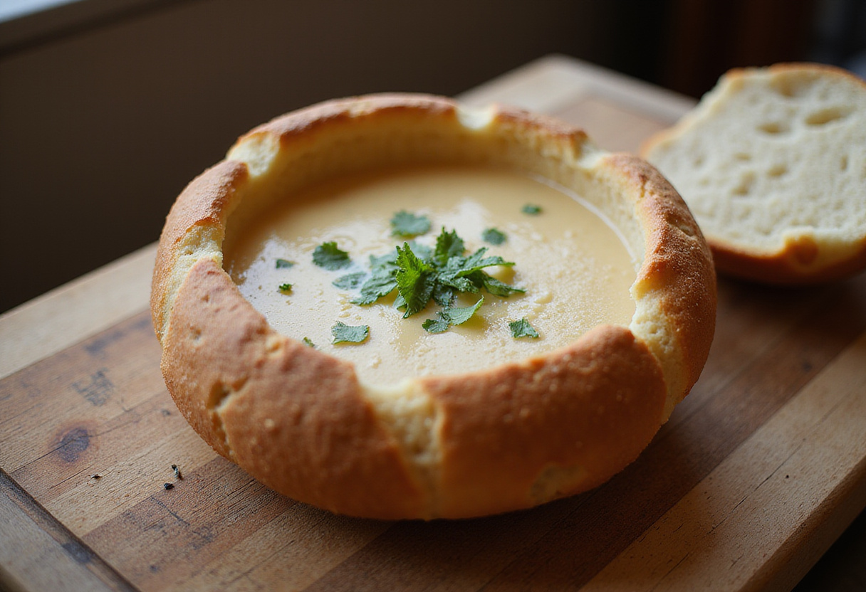 Finished sourdough bread bowl filled with soup and herbs, ready to serve.