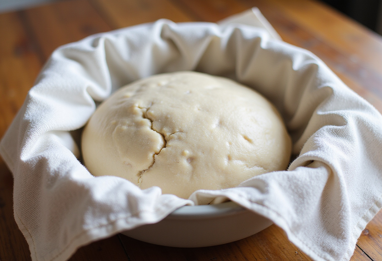 Dough resting in bowl for sourdough bread bowl recipe fermentation.