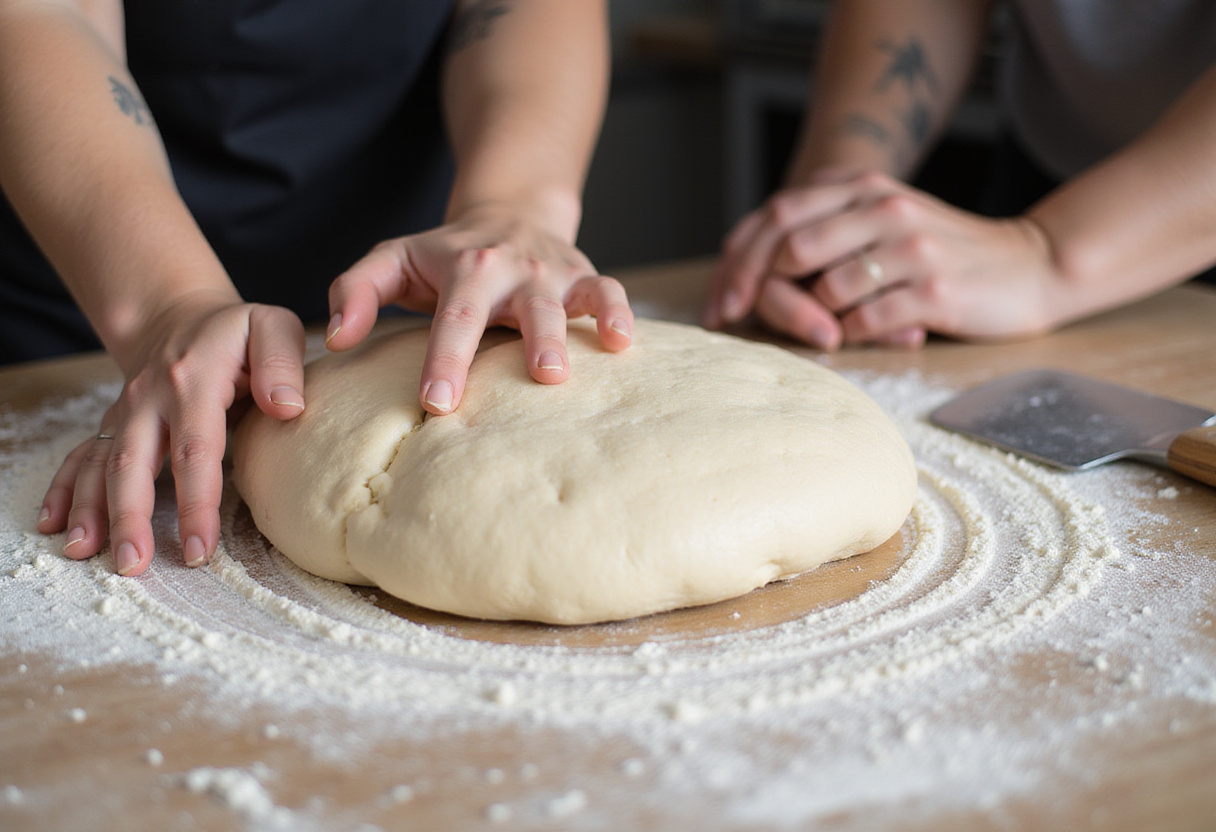 Shaping sourdough loaf on floured surface for bread bowl.