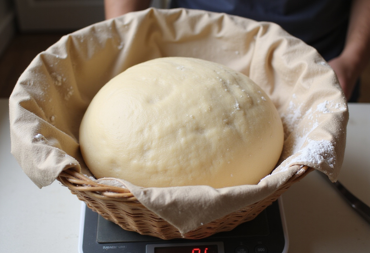 Sourdough dough in proofing basket for final rise before baking bread bowl.