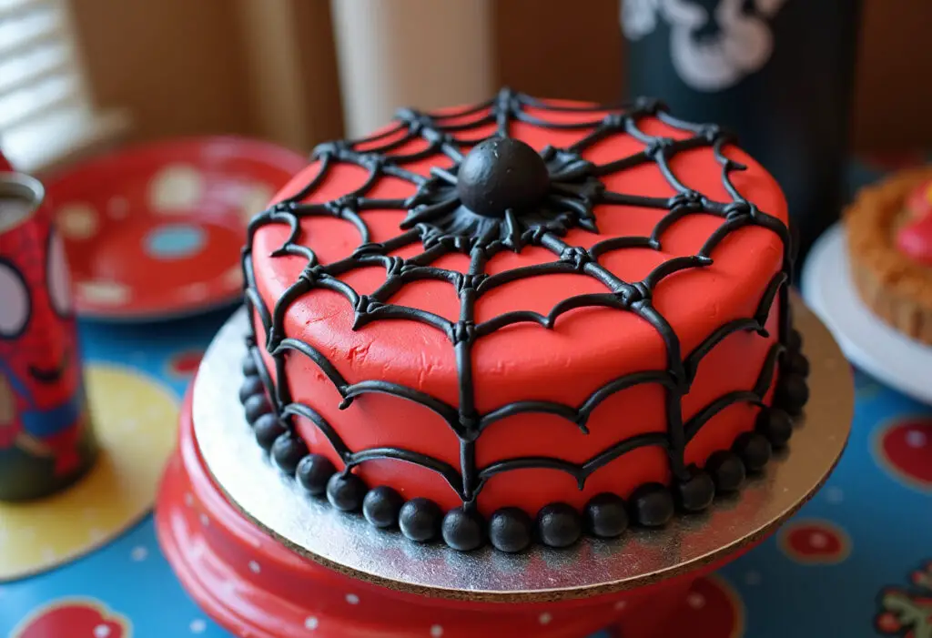 Finished Spider-Man cake with web design, perfect for a superhero-themed birthday.