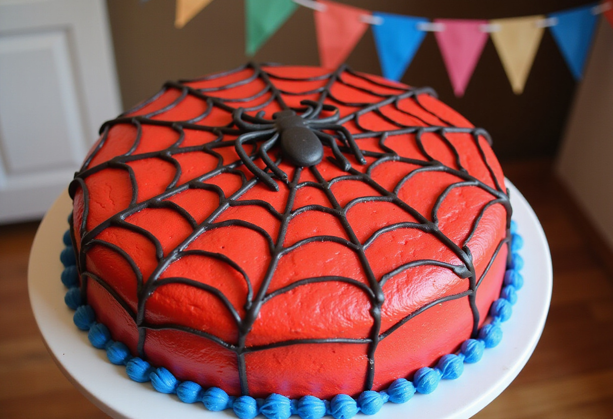 Finished Spider-Man cake with web design, perfect for a superhero-themed birthday.