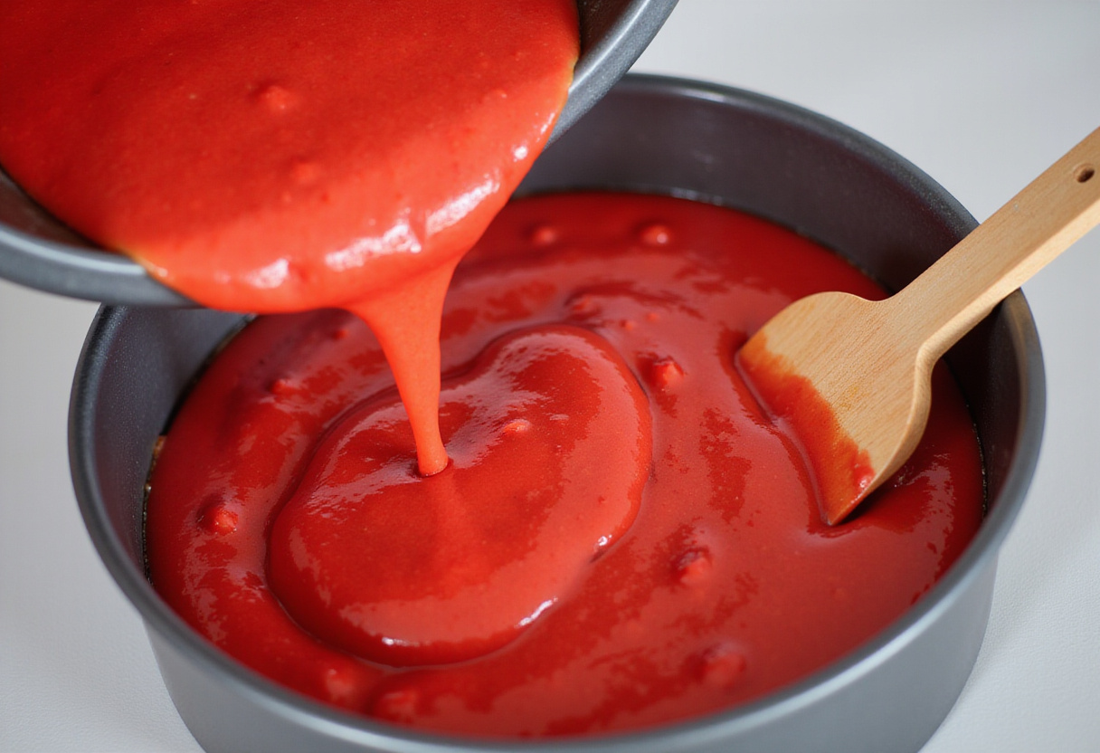 Red cake batter being prepared for a Spider-Man themed cake.