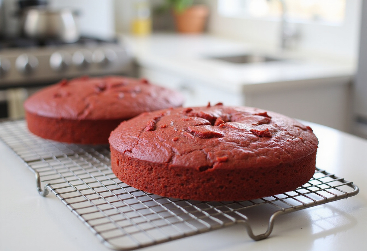Cooling red velvet cake layers for a Spider-Man cake project.