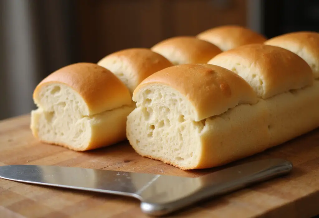 Freshly baked homemade sub bread loaves.