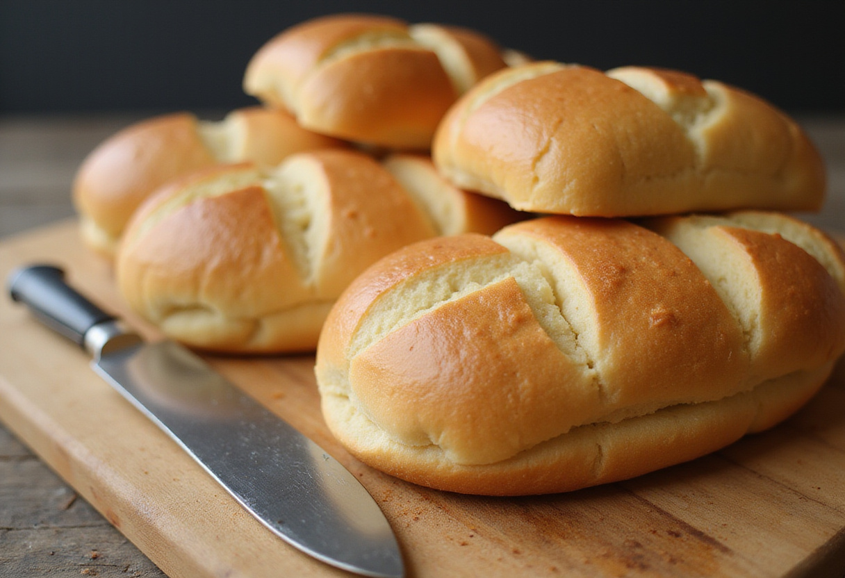 Freshly baked homemade sub bread loaves.