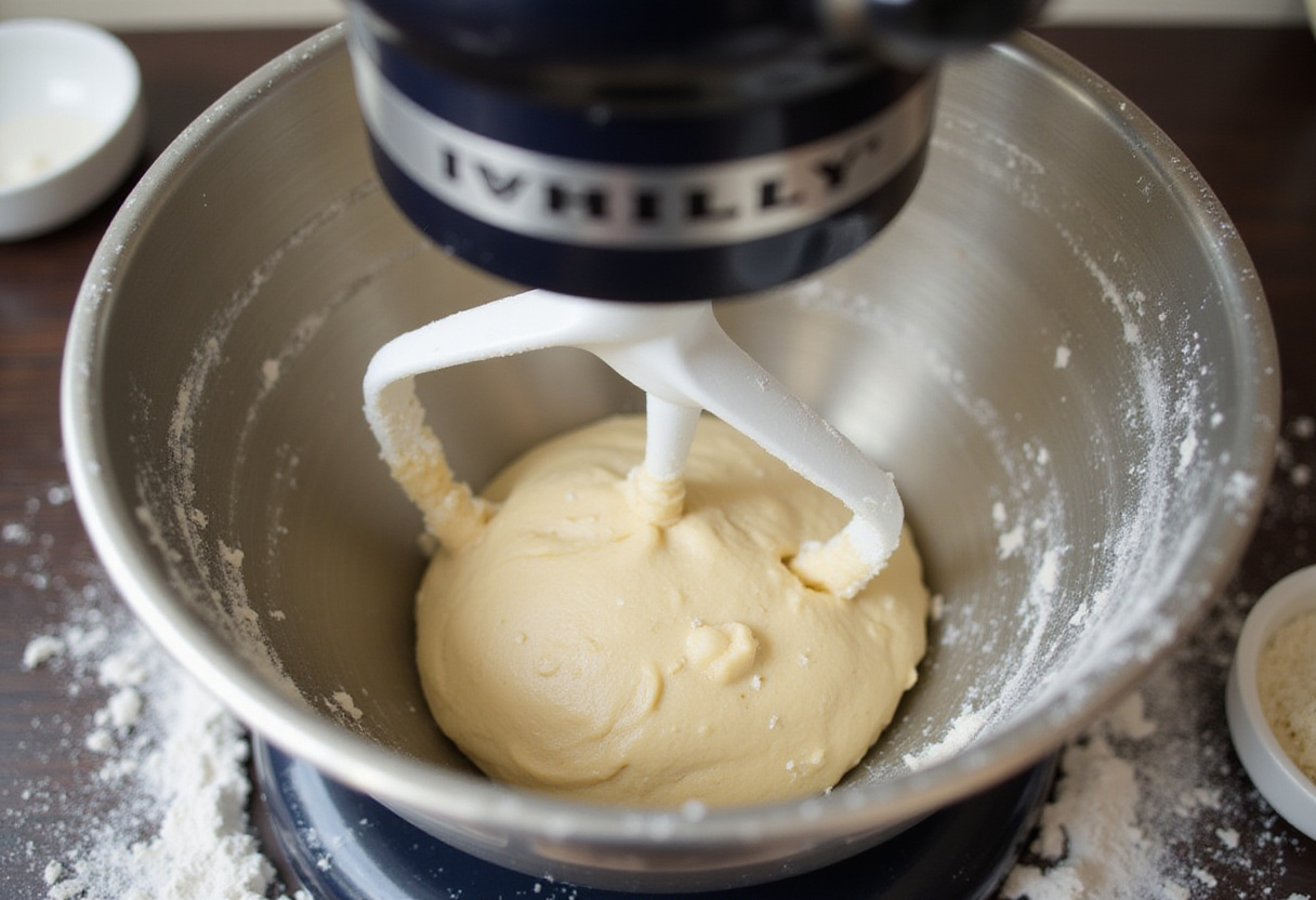 Mixing sub bread dough in a stand mixer.