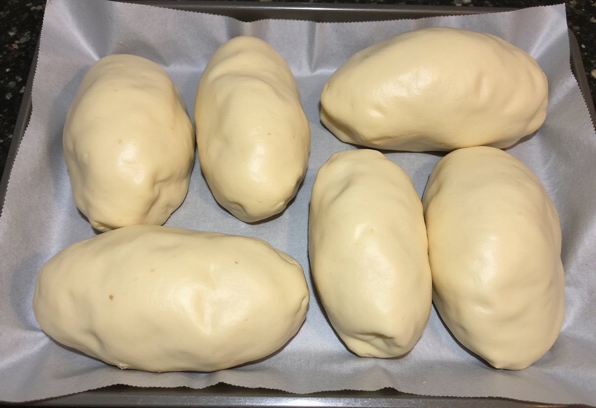 Sub bread loaves on a baking sheet before baking.