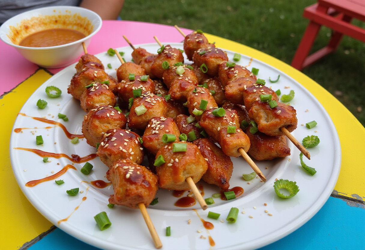 Deliciously plated Bang Bang Chicken Skewers, perfect for summer barbecues or dinner parties, highlighting the flavors and presentation.