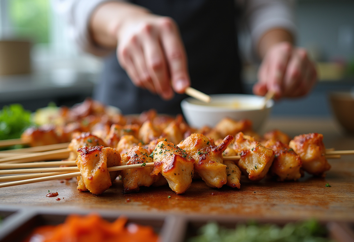 Preparing chicken skewers for Bang Bang Chicken, a delicious and easy party snack recipe.