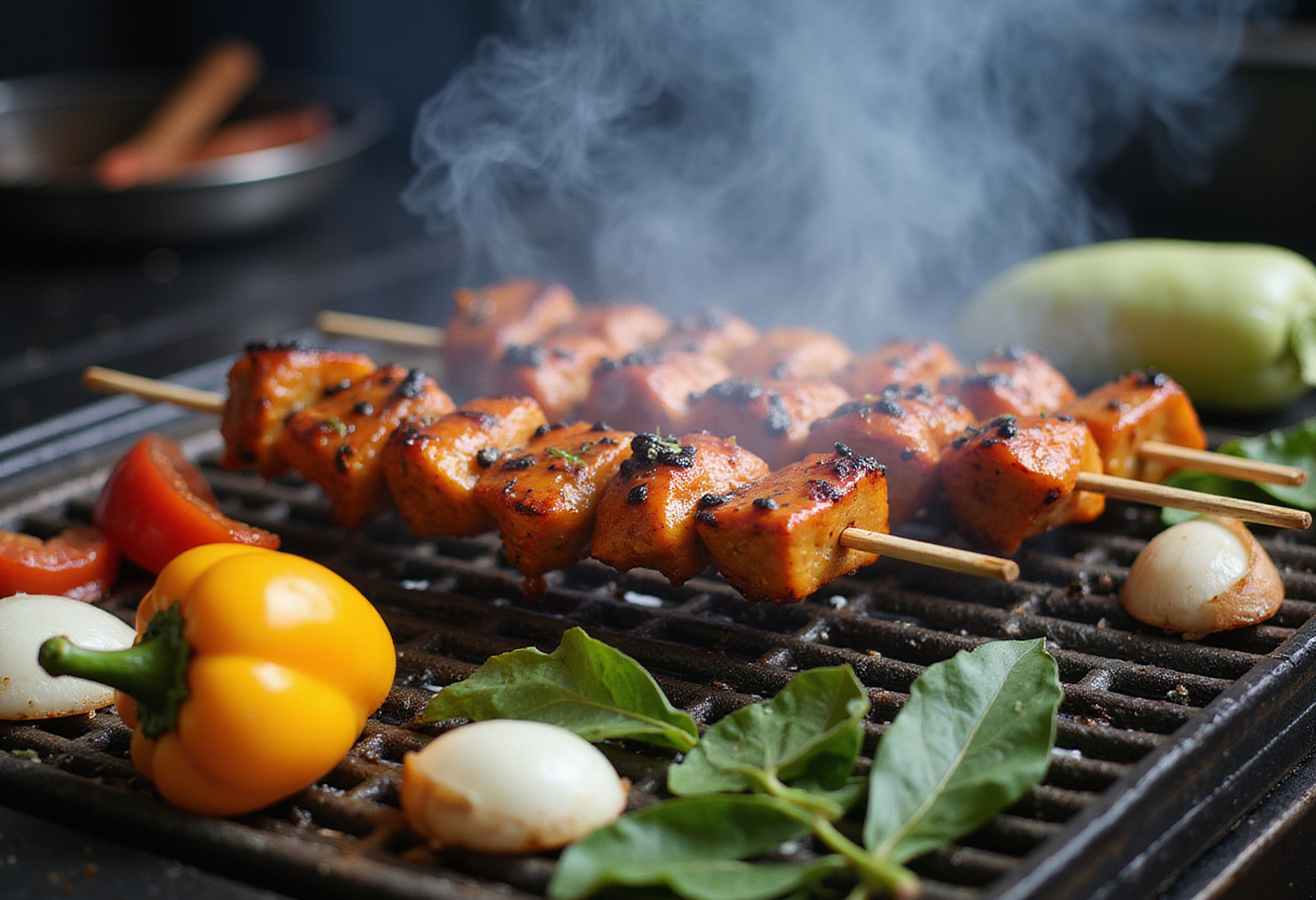 Grilling Bang Bang Chicken Skewers, showcasing the juicy chicken and vegetables being cooked to perfection.