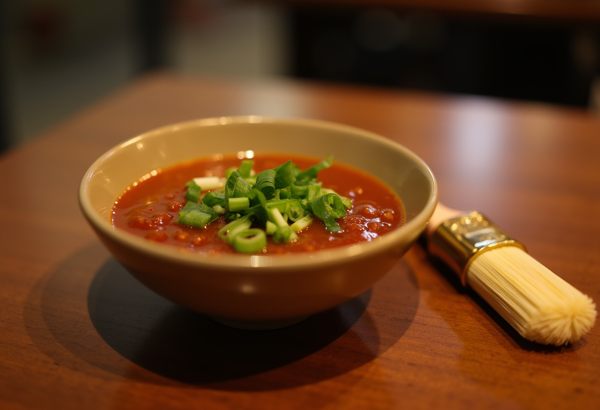 Making the spicy Bang Bang sauce for chicken skewers, adding flavor and texture to the dish.