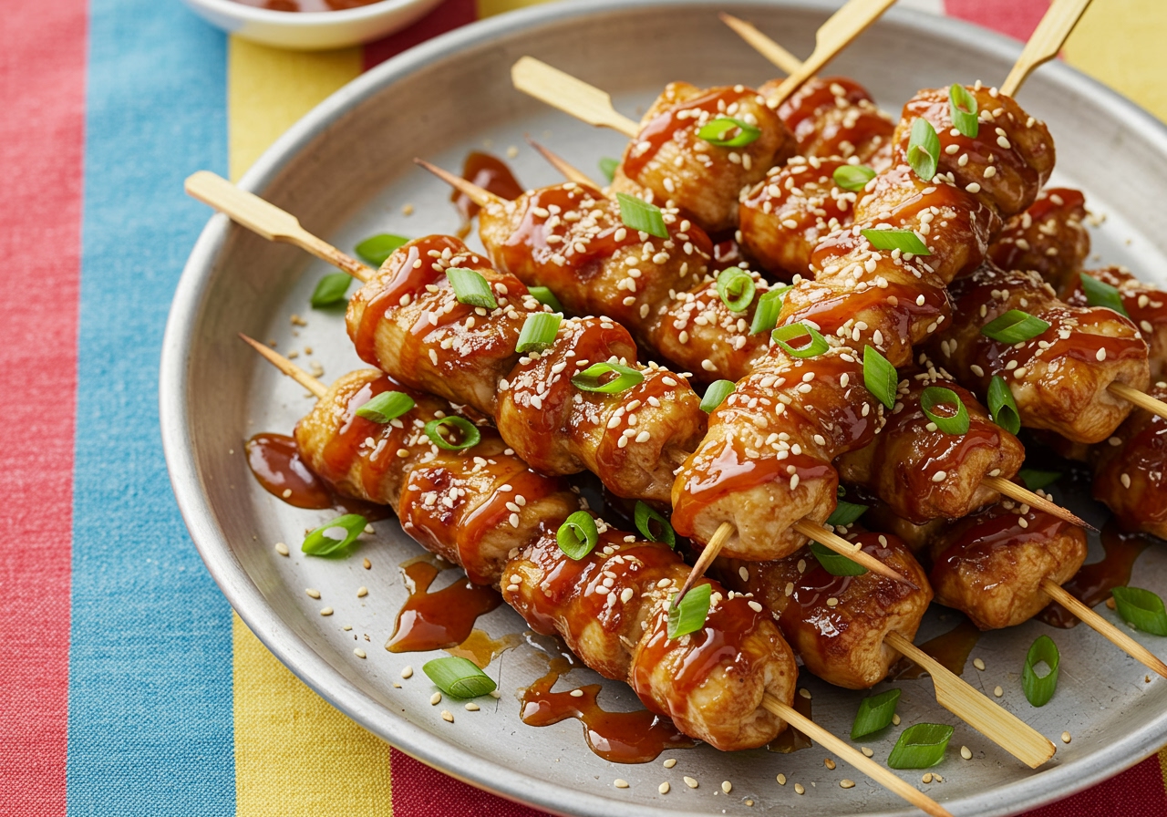 Deliciously plated Bang Bang Chicken Skewers, perfect for summer barbecues or dinner parties, highlighting the flavors and presentation.