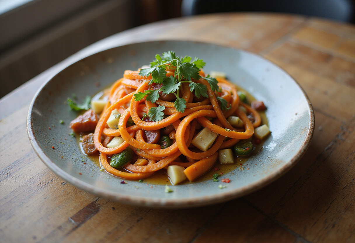 A stunning carrot ribbon salad presented on a rustic plate, showcasing vibrant colors and textures, perfect for a healthy meal.