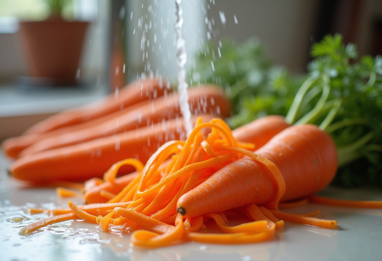 Fresh carrots being washed, perfect for preparing a light and healthy carrot ribbon salad rich in color and nutrients.