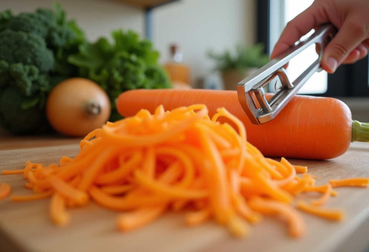 Thin carrot ribbons being elegantly peeled from fresh carrots, essential for a vibrant and refreshing carrot ribbon salad.