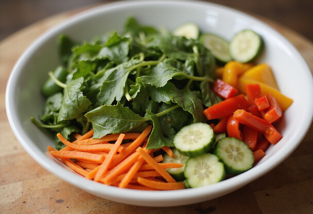 A bowl of mixed greens and colorful vegetables including thin carrot ribbons, perfect for a delicious and nutritious carrot ribbon salad.