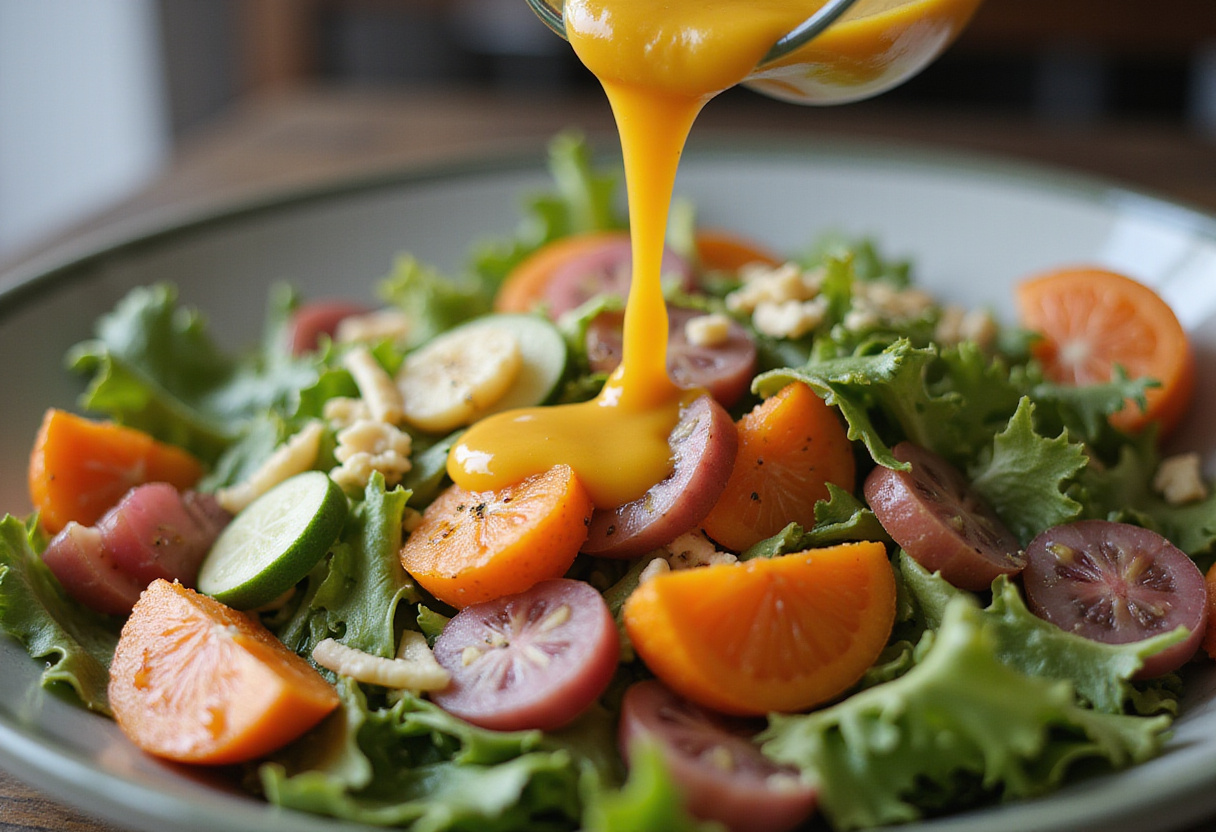 Delicious dressing being added to a vibrant carrot ribbon salad, elevating the flavors and appearance of fresh vegetables.