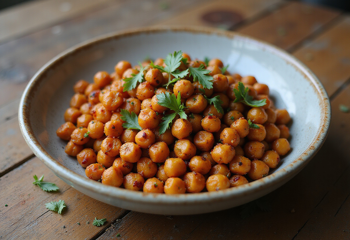 Crispy chili roasted chickpeas served in a bowl. Enjoy this healthy snack that is perfect for parties or as a quick treat.