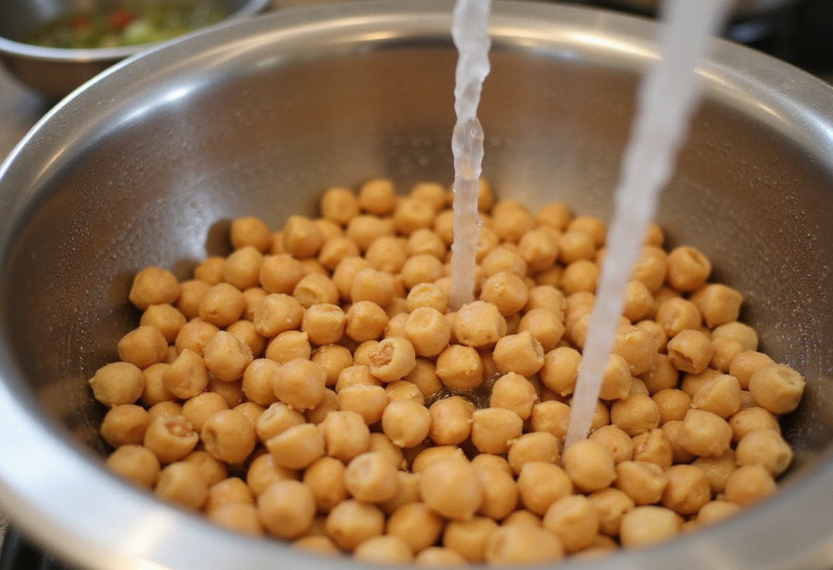 Fresh chickpeas rinsing in preparation for chili roasted chickpeas. Learn to create a healthy and delicious snack at home.