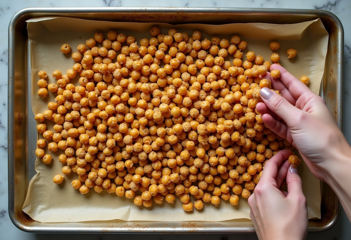 Chickpeas seasoned with spices on a baking tray for roasting. Perfect for preparing crispy and flavorful chili roasted chickpeas.