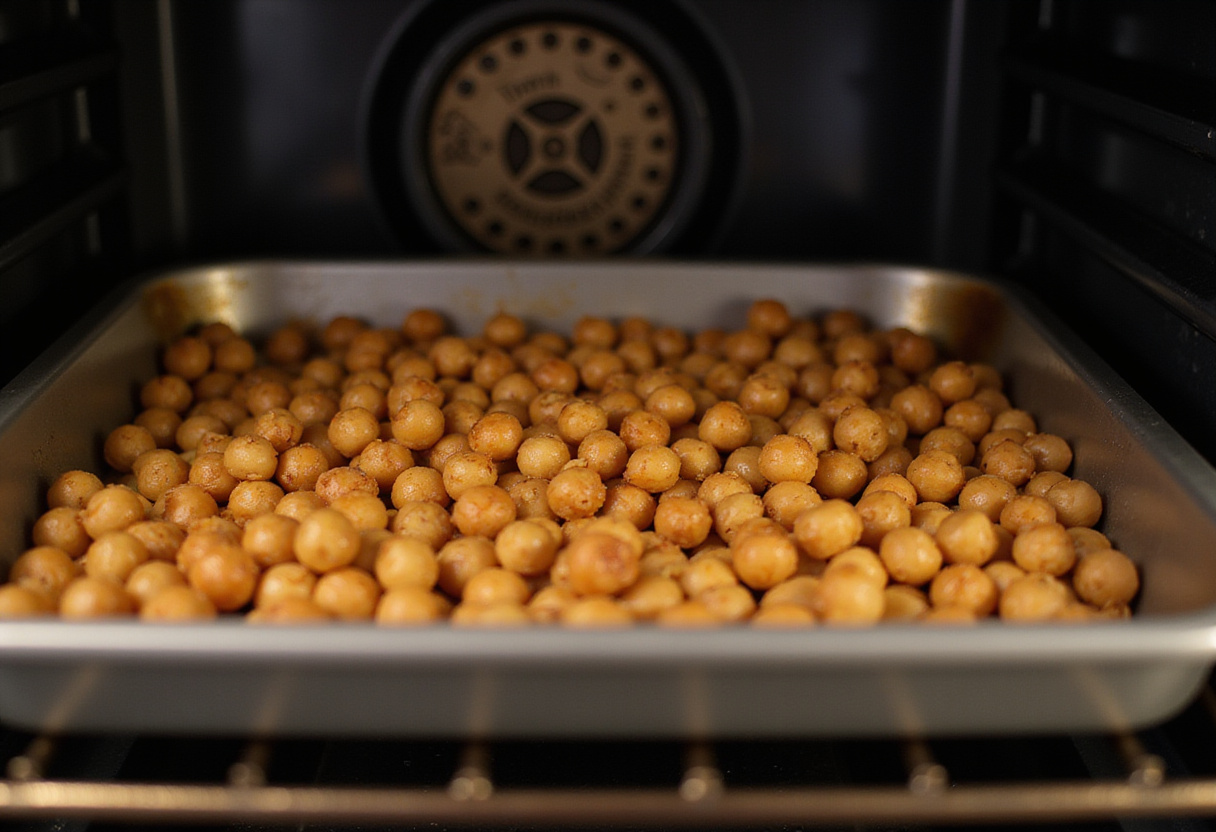 Chili roasted chickpeas in the oven. See how roasting transforms these legumes into a crunchy and tasty treat.