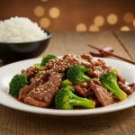 Final presentation of Chinese Beef and Broccoli with rice and garnishes on a rustic table