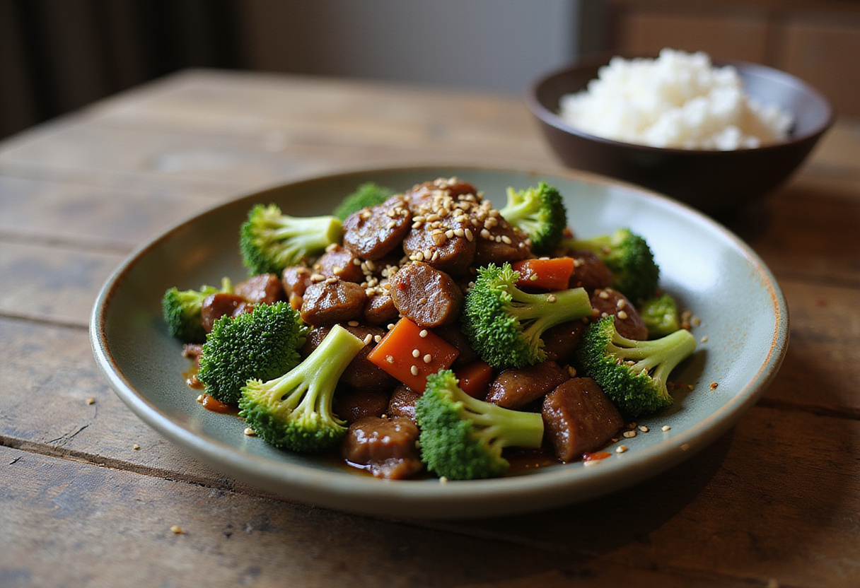 Final presentation of Chinese Beef and Broccoli with rice and garnishes on a rustic table