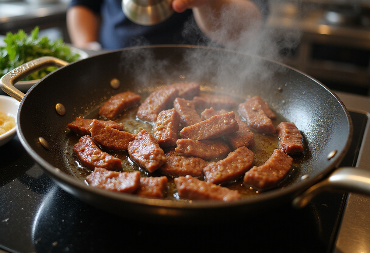 Sautéed beef for Chinese Beef and Broccoli recipe with soy sauce in a skillet