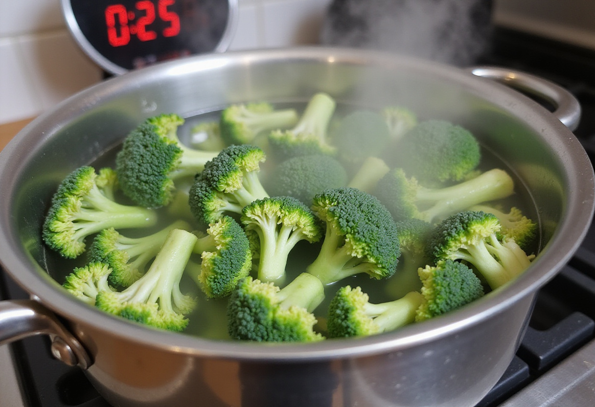Blanched broccoli florets for Chinese Beef and Broccoli dish in boiling water