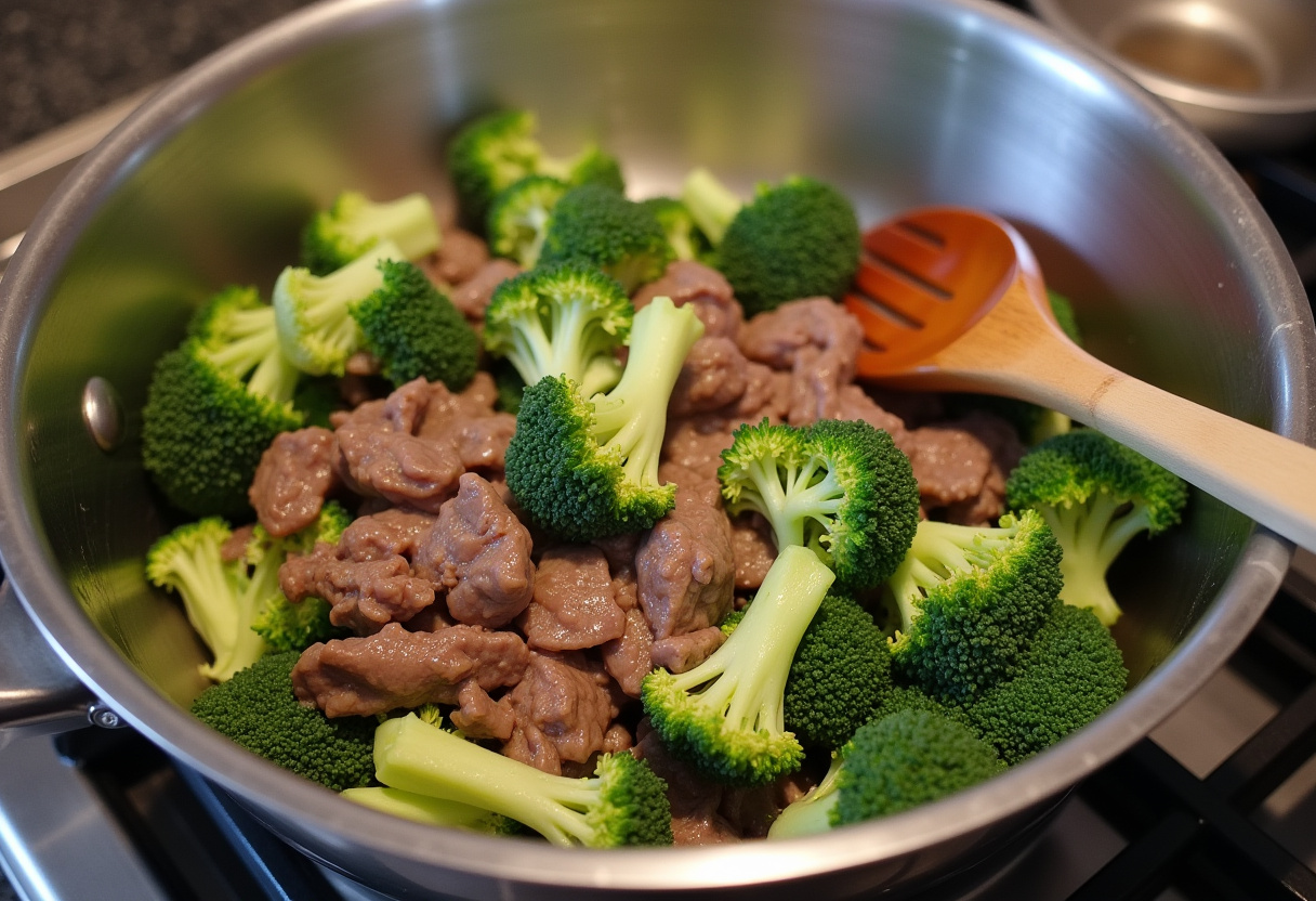 Mixed beef and broccoli with garlic and ginger for a flavorful Chinese Beef and Broccoli