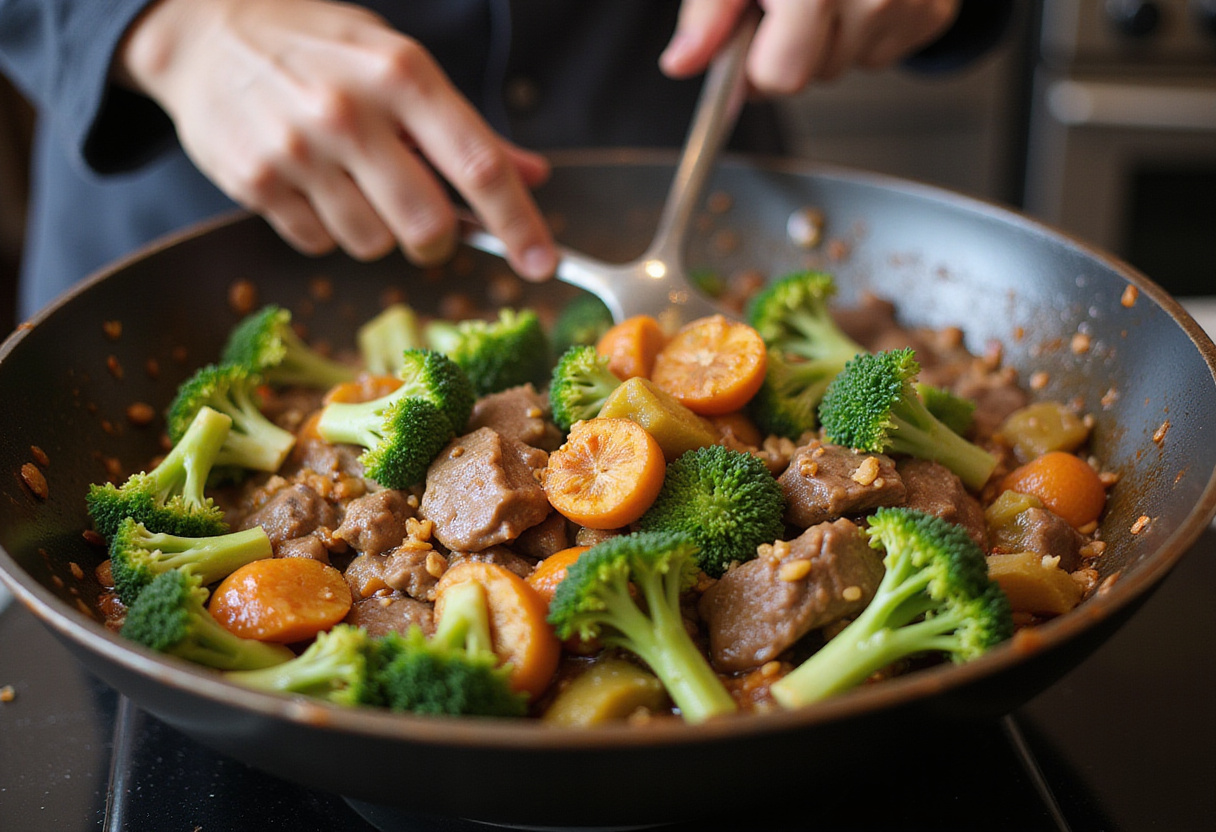 Stir-frying beef and broccoli in a wok for an authentic Chinese Beef and Broccoli dish