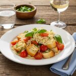 Final presentation of cold Panzanella or orzo pasta salad, showcasing vibrant ingredients and flavors for a refreshing summer meal.