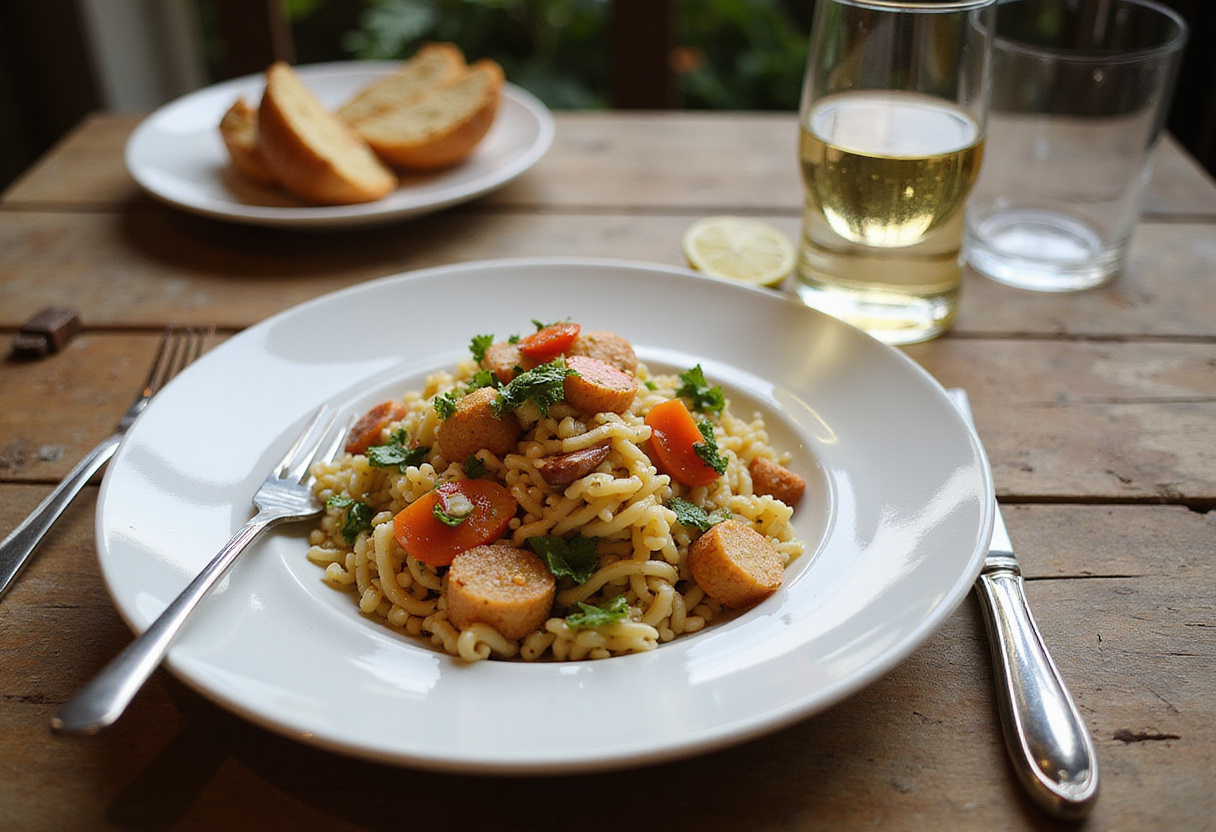 Final presentation of cold Panzanella or orzo pasta salad, showcasing vibrant ingredients and flavors for a refreshing summer meal.