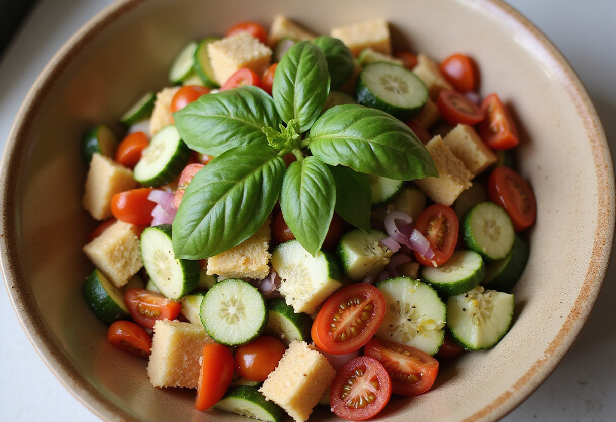 Ingredients for a cold Panzanella salad including cucumbers, tomatoes, onions, and peppers for a refreshing summer dish.