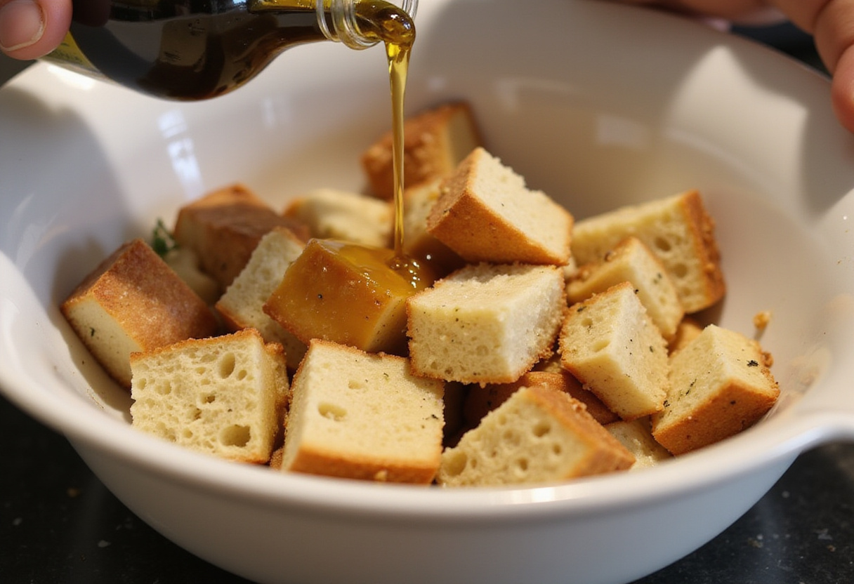 Bread cubes soaked in olive oil and balsamic vinegar, essential ingredients for a delightful Panzanella or orzo pasta salad.