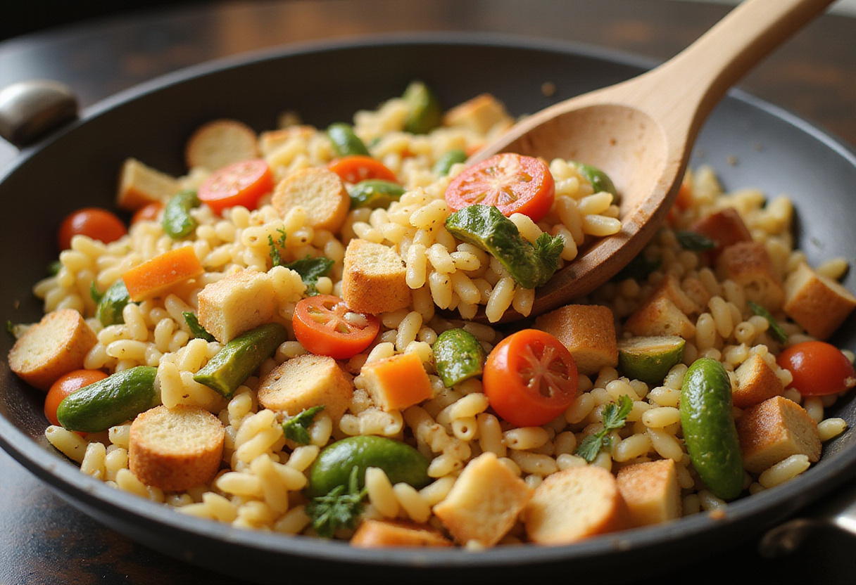 Colorful orzo pasta blended with fresh vegetables, a key aspect of a delicious cold Panzanella or orzo pasta salad.