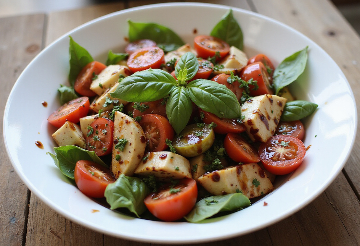 A final presentation of a cold Panzanella or orzo pasta salad, perfectly garnished and inviting for a summer meal.