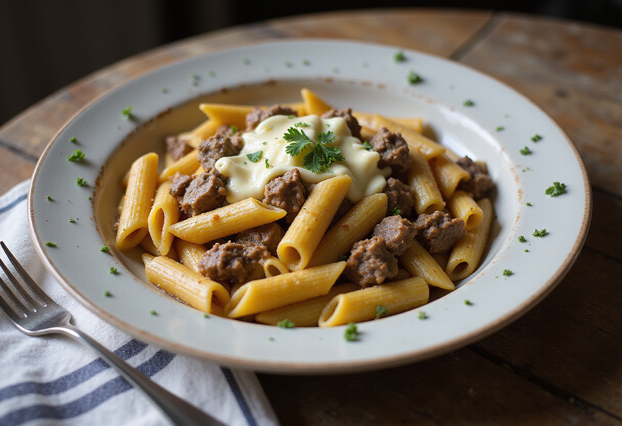 Final presentation of creamy cheesy penne with garlic butter ground beef, a comforting and delicious pasta dish ready to be served.