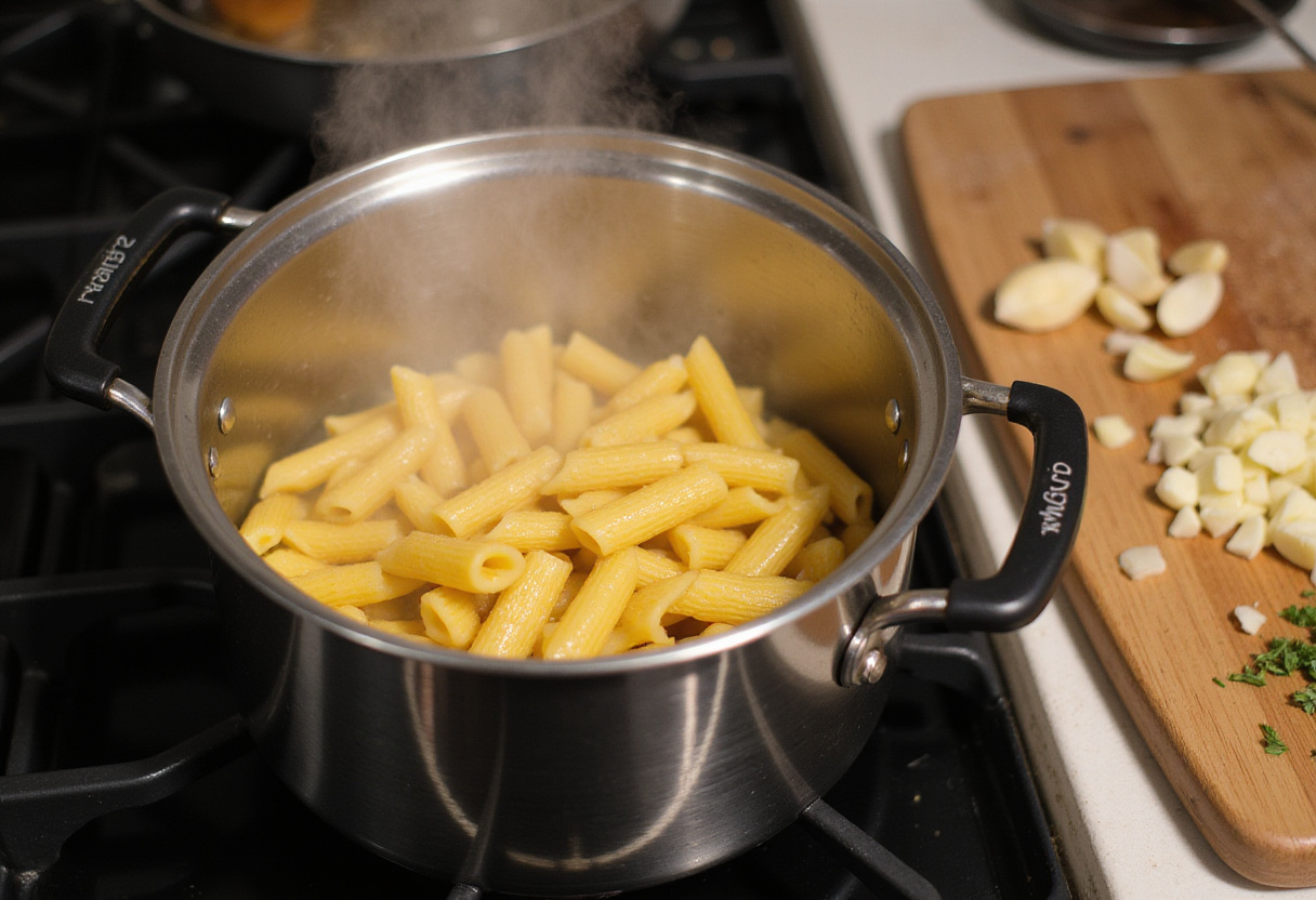 Making creamy cheesy penne with garlic butter ground beef, pasta preparation in boiling water with fresh garlic and herbs.
