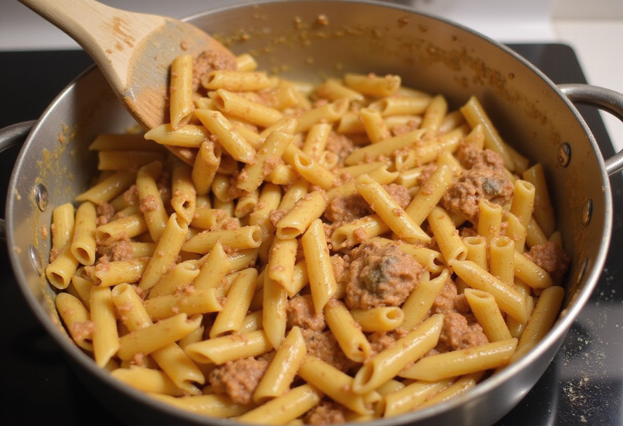 Combining creamy cheesy sauce with penne pasta, creating a deliciously mixed dish for the perfect comfort meal.