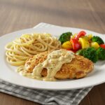 Final presentation of creamy garlic chicken dish, highlighting the indulgent sauce and accompanying sides for an appetizing meal.